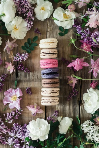 a bunch of macarons sitting on top of a wooden table, a still life, unsplash, field of flowers, shot from above, color”