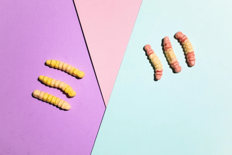a couple of candies sitting on top of a purple and blue surface, inspired by Évariste Vital Luminais, trending on pexels, neo-dada, giant centipede, pink and yellow, sausages, on grey background