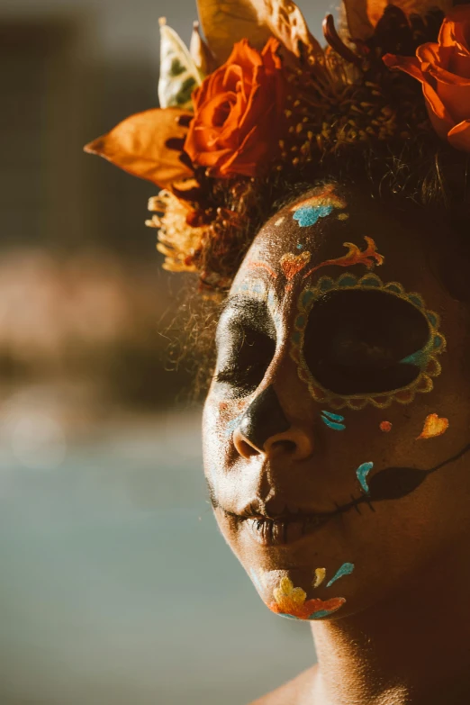 a woman with a flower crown on her head, inspired by Frida Kahlo, pexels contest winner, black arts movement, tibetan skeleton dancer, markings on his face, with brown skin, tourist photo