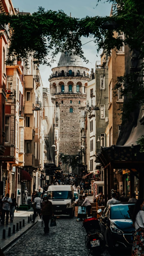 a group of people walking down a street next to tall buildings, by Cafer Bater, pexels contest winner, art nouveau, ottoman sultan, neoclassical tower with dome, 256x256, turkey