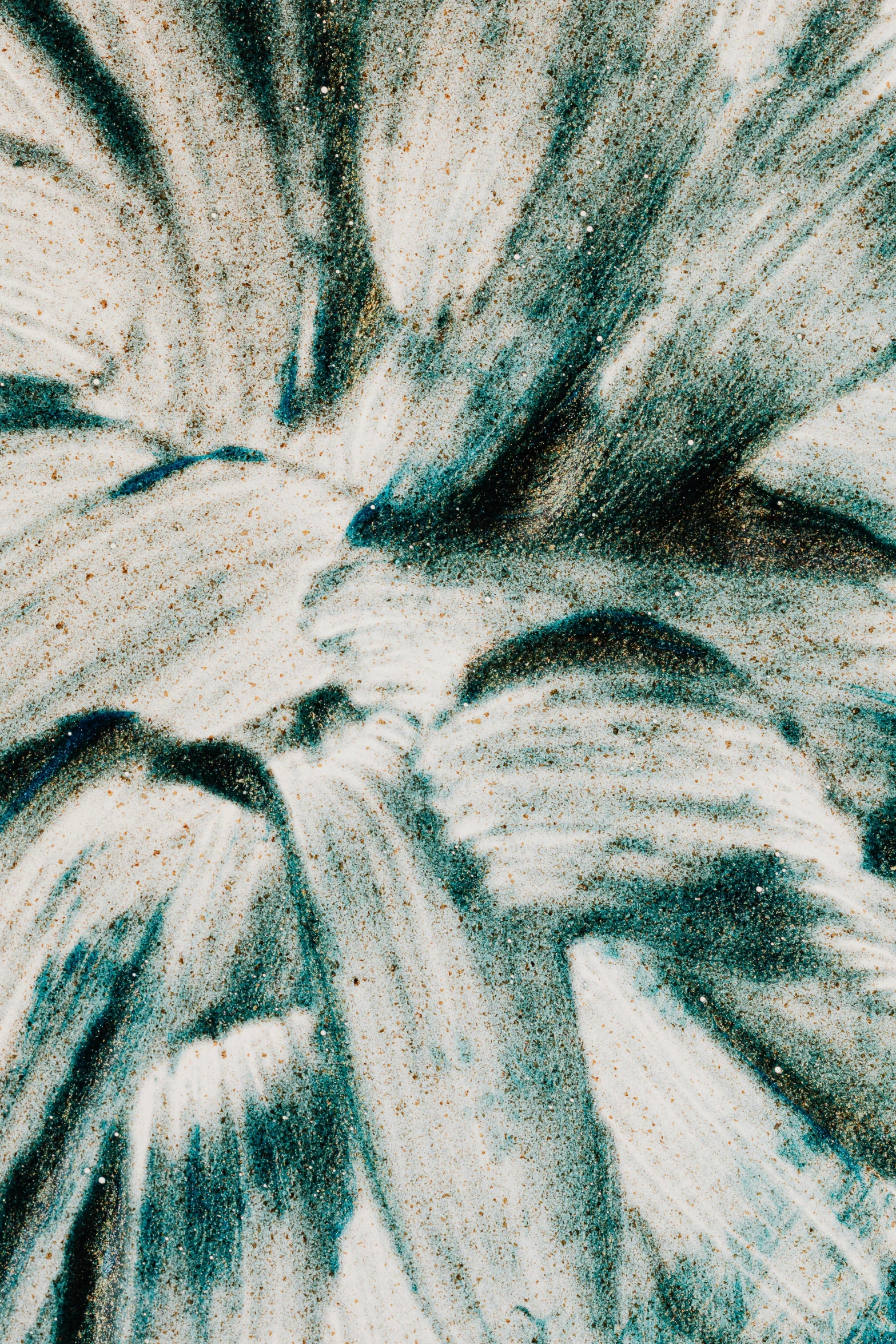 a close up of a painting of a flower, an abstract drawing, inspired by Vija Celmins, monochromatic teal, glazed ceramic, very grainy image, detailed product image