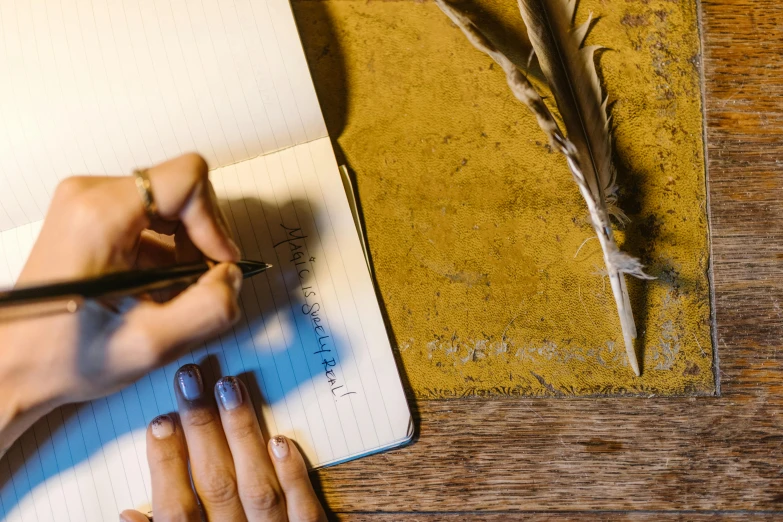 a close up of a person writing on a notebook, by Romain brook, pexels contest winner, visual art, feathers, on a wooden table, linsey levendall, thumbnail