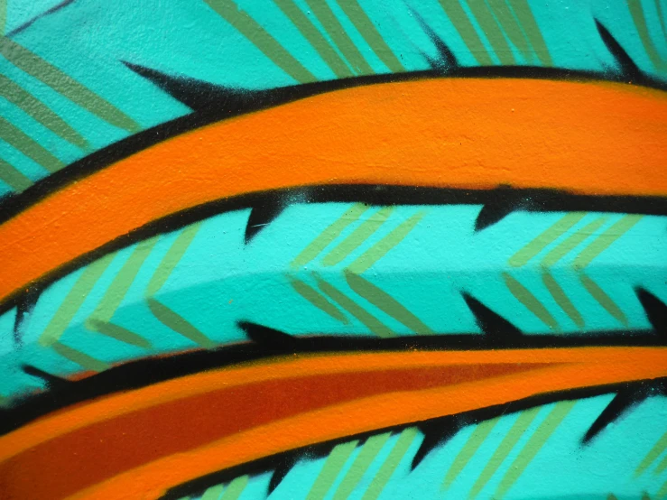 a close up of some feathers painted on a wall, graffiti art, inspired by Larry Zox, graffiti, striped orange and teal, curved, 144x144 canvas, teal electricity