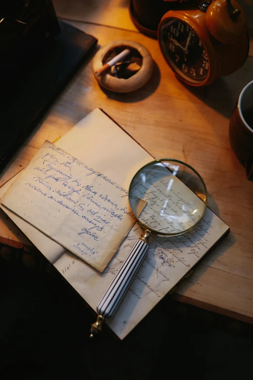 a laptop computer sitting on top of a wooden desk, magnifying glass, found written in a notebook, curiosities, recipe
