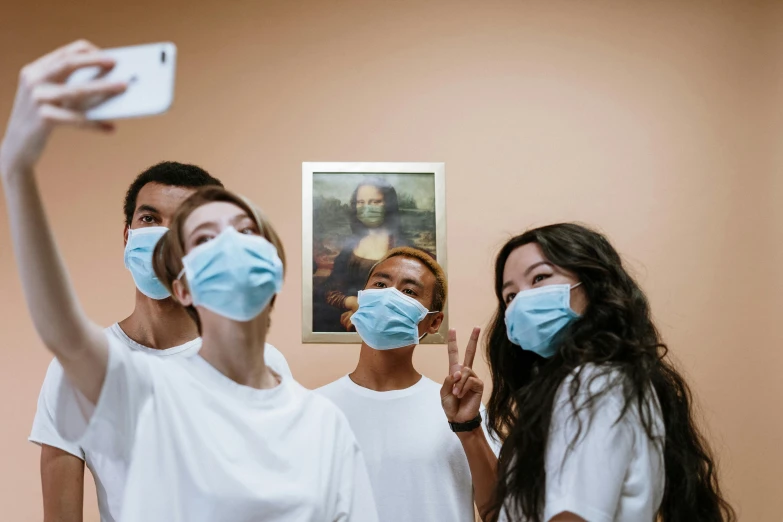 a group of people wearing face masks taking a selfie, pexels contest winner, hyperrealism, hospital, michaelangelo style, decoration, high quality picture