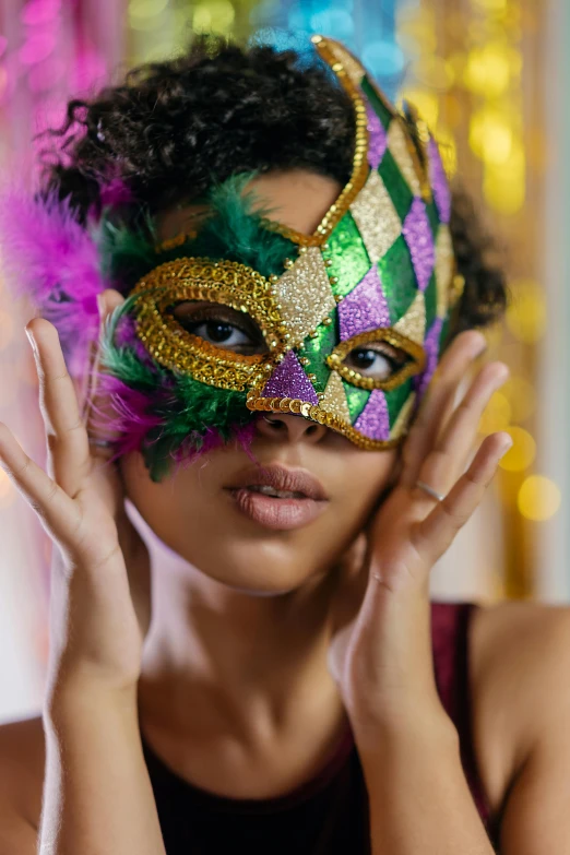 a beautiful young woman wearing a mardi gras mask, trending on pexels, renaissance, green magenta and gold, petite, purple, rectangle