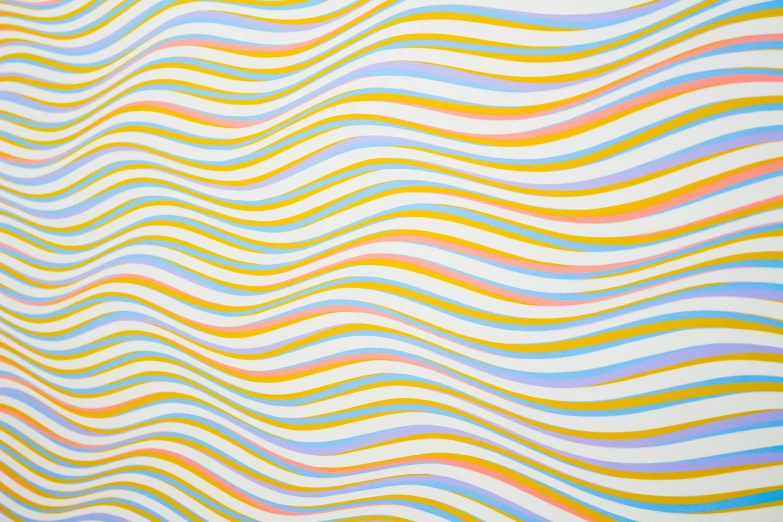 a painting of a wave pattern on a wall, a pop art painting, by Bridget Riley, yellow and blue ribbons, background pastel, 2 0 th century, ( vibrating colors )