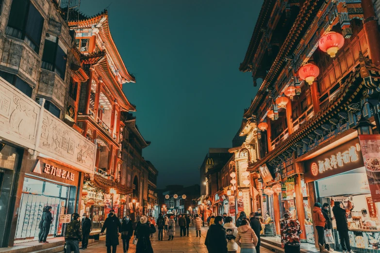 a group of people walking down a street at night, chinese architecture, profile image