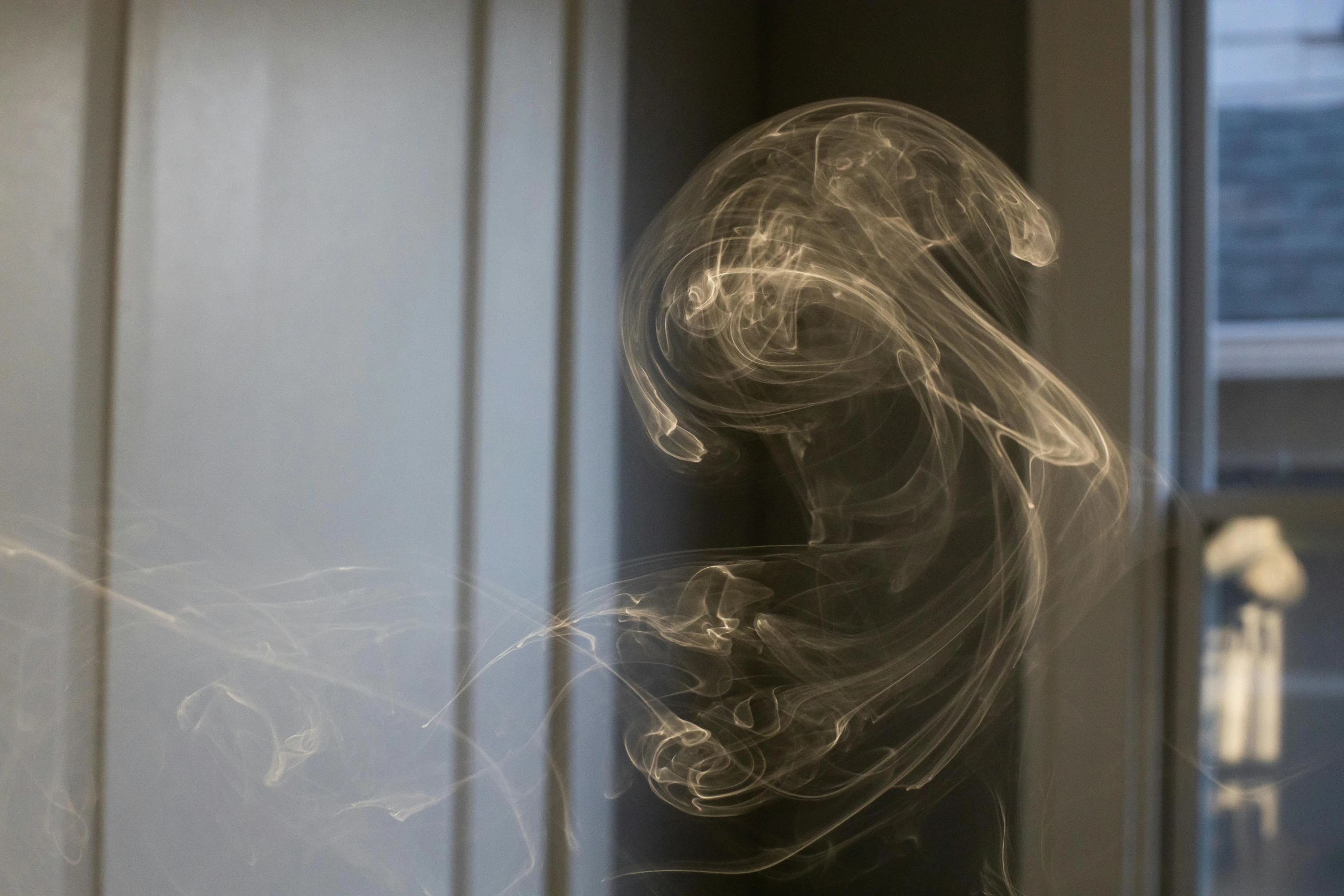 a close up of smoke in front of a window, inspired by Anna Füssli, light and space, fine swirling lines, a friendly wisp, with dark ghost smokes around, dusty volumetric light