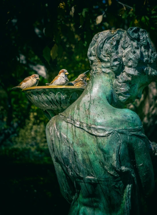 a statue of a boy holding a tray of birds, a statue, inspired by William Quiller Orchardson, pexels contest winner, elegant lady, verdigris, shot with sony alpha, made of bronze