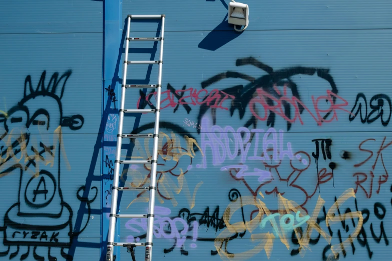 a ladder leaning against a wall with graffiti on it, graffiti, blue walls, thumbnail, bay area, color ( sony a 7 r iv