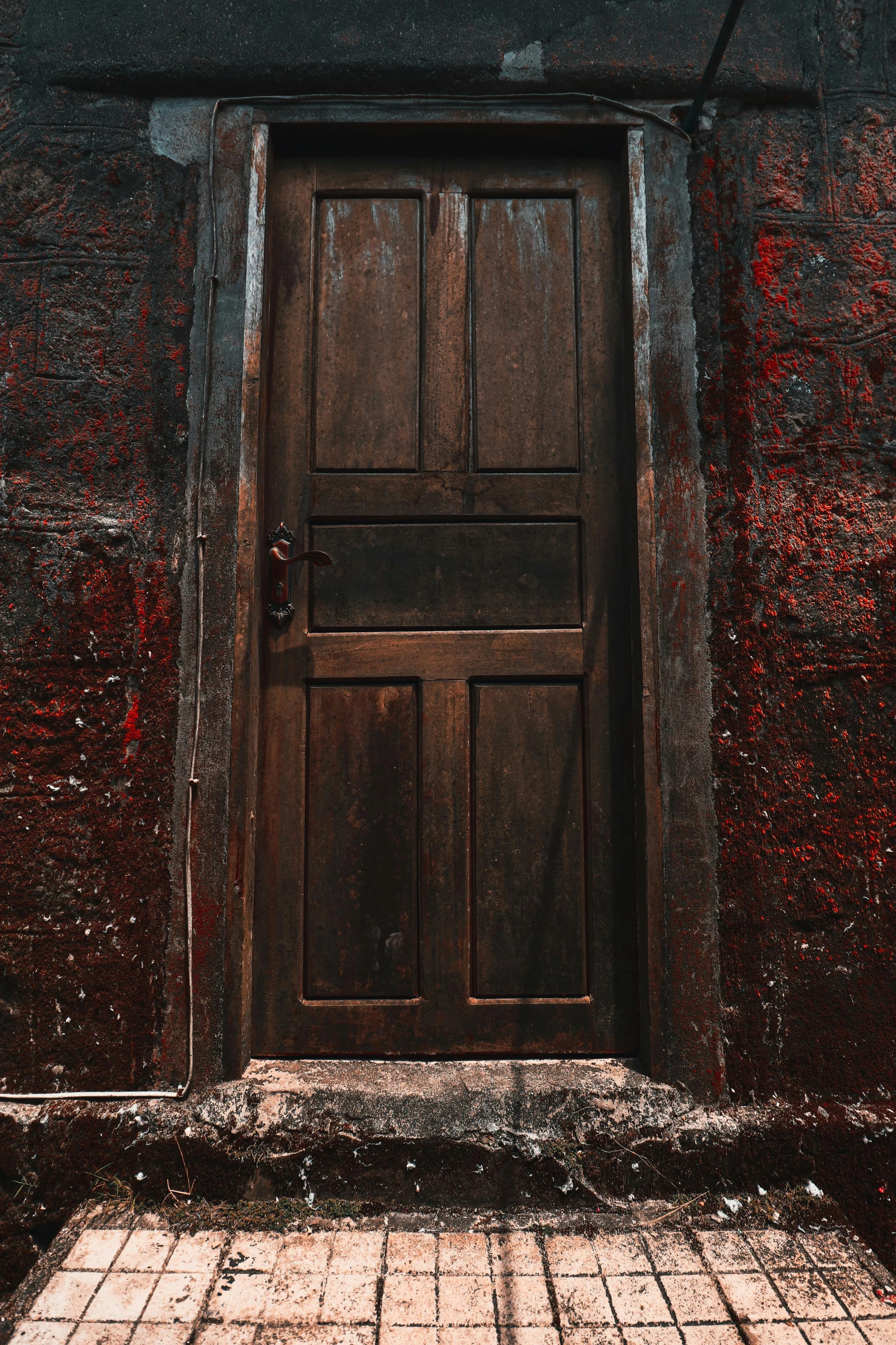 a door that is on the side of a building, inspired by Gertrude Abercrombie, pexels contest winner, burnt sienna and venetian red, dungeon, mahogany wood, slum