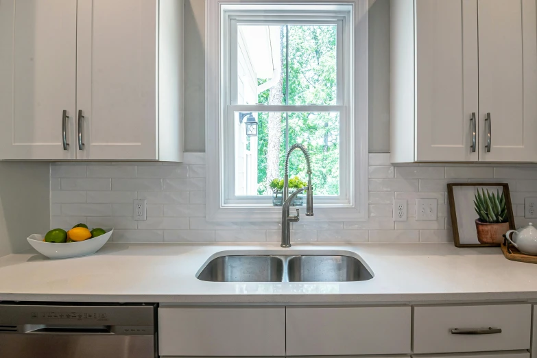 a kitchen sink sitting under a window next to a dishwasher, pexels contest winner, light and space, white grey color palette, thumbnail, multiple stories, perfectly tileable