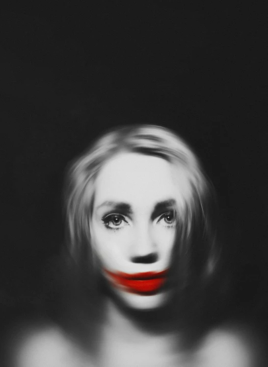 a black and white photo of a woman with red lips, inspired by Nil Gleyen, trending on cgsociety, serial art, evanna lynch, blurred face, emma roberts, mime