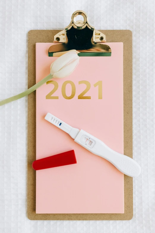 a clipboard with a pen and a flower on it, by Julia Pishtar, trending on pexels, happening, pregnant belly, new years eve, 2 0 2 1, white and pink