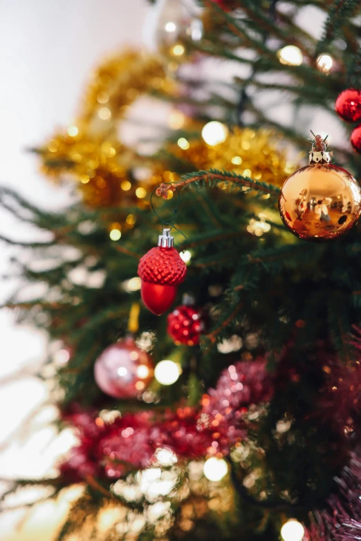 a close up of a christmas tree with ornaments, by Jakob Gauermann, pexels, red and yellow color scheme, multiple stories, a cozy, chic