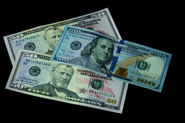 a couple of bills sitting on top of each other, by Meredith Dillman, pixabay, hyperrealism, on a flat color black background, dollar bank notes, high quality product image”, three fourths view