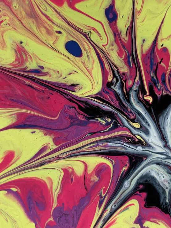 a close up of a painting of a flower, an abstract painting, trending on pexels, black and yellow and red scheme, marbled swirls, purple and yellow, vhs colour photography