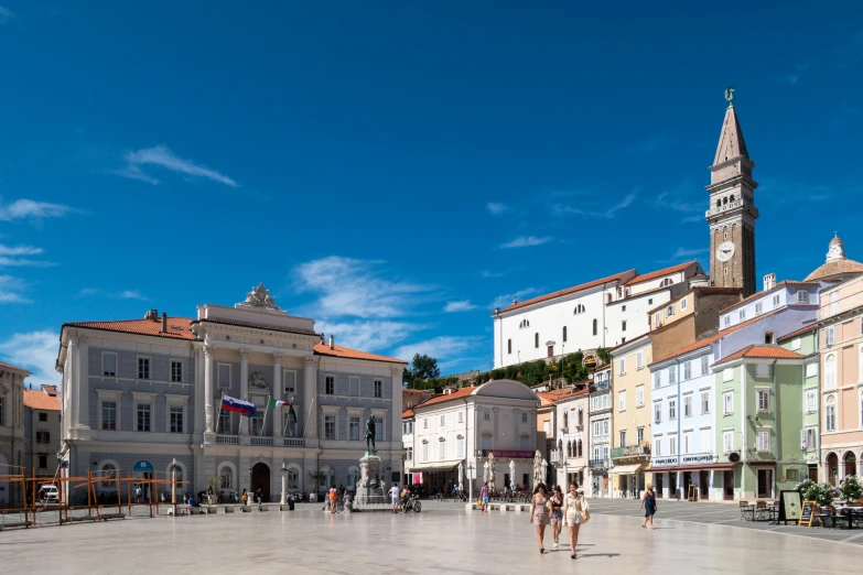 a group of people walking around a town square, by Jan Rustem, unsplash contest winner, baroque, terrazzo, blue sky, square, taras susak