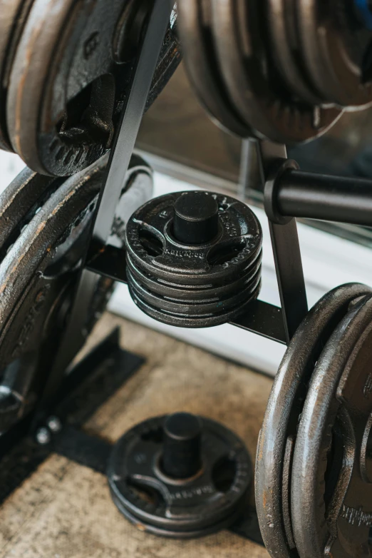 a close up of a bunch of dumbs on a rack, pexels contest winner, private press, lifting weights, levers, textured, detailed product shot