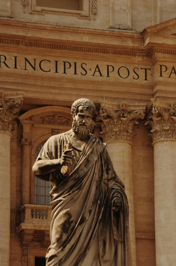 a statue of a man standing in front of a building, by Cagnaccio di San Pietro, trending on unsplash, neoclassicism, 2 5 6 x 2 5 6 pixels, wearing brown robes, archimedes, john paul ii