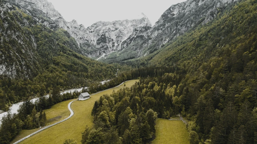 an aerial view of a valley in the mountains, by Sebastian Spreng, pexels contest winner, visual art, beautiful house on a forest path, grey forest in the background, slovenian, “the ultimate gigachad