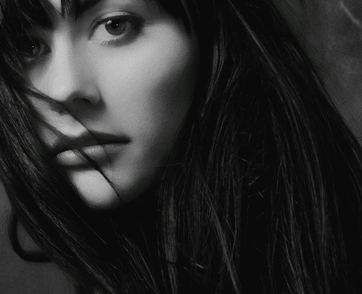 a black and white photo of a woman with long hair, photorealism, closeup on face, charli xcx, eiko ishioka, phoebe tonkin