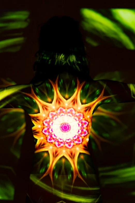 a close up of a person with a body painted, inspired by Alex Grey, nuclear art, lights with bloom, photographed from behind, green magenta and gold, kaleidoscope
