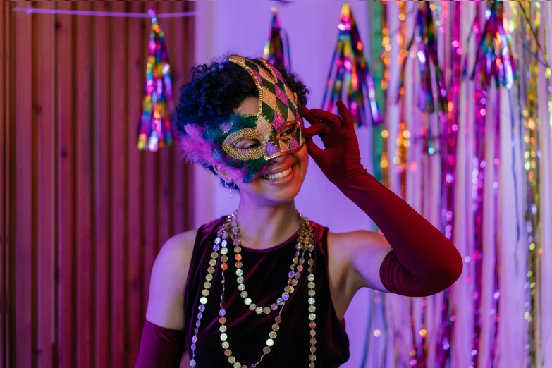 a woman wearing a mardi gras mask at a mardi gras party, trending on pexels, closed limbo room, avatar image, partylights, playful and cheerful