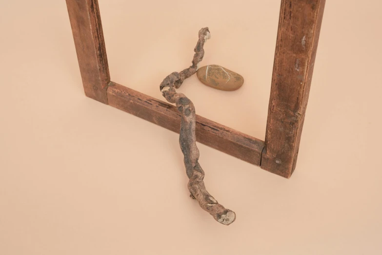 a mirror sitting on top of a wooden frame, an abstract sculpture, inspired by Alberto Giacometti, unsplash, surrealism, ethereal eel, brownish old fossil remnant, vine twist, hyperrealist