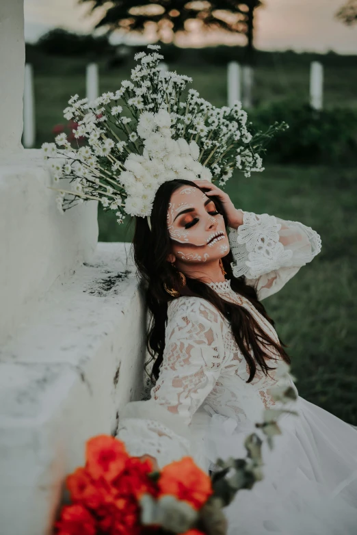 a woman in a white dress with flowers on her head, inspired by Elsa Bleda, pexels contest winner, skeleton face, still from a music video, bride, instagram post