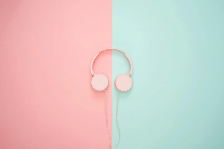 a pair of pink headphones sitting on top of a blue and pink wall, a minimalist painting, trending on pexels, aestheticism, pink white and green, colorised, minimalissimo, two - tone