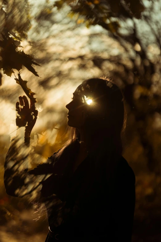 a woman with her hair blowing in the wind, inspired by Elsa Bleda, pexels contest winner, visual art, shadows from trees, glowing lens flare wraith girl, autum, black silhouette