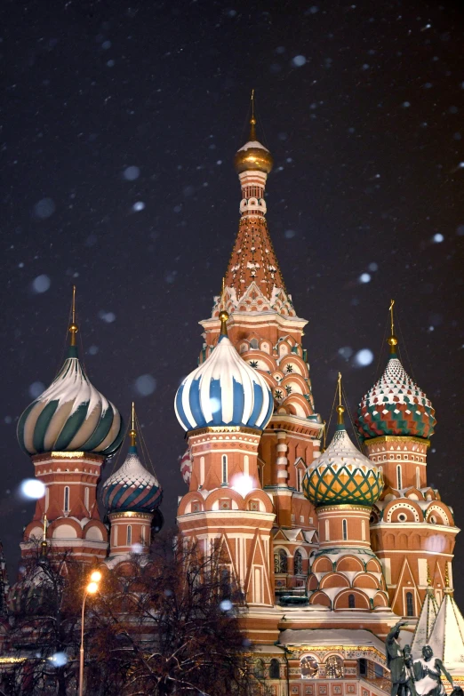 a picture of some very pretty buildings in the snow, an album cover, inspired by Vasily Surikov, unsplash contest winner, dome, tall spires, photo of putin, at nighttime