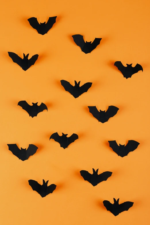 a group of bats hanging on a wall, pexels, conceptual art, in front of an orange background, hero shot, dark. no text, chalk