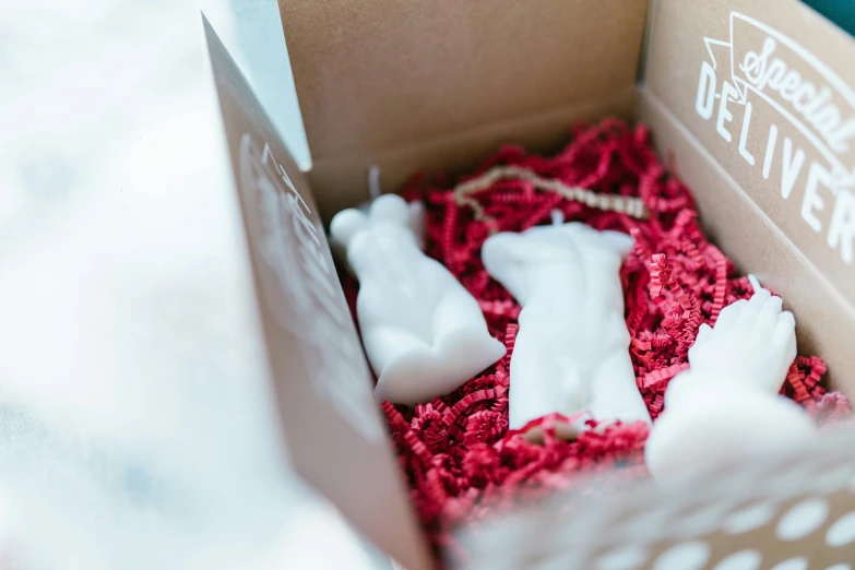 a box that has some candles in it, a marble sculpture, inspired by Eden Box, unsplash, detailed shot legs-up, miniature product photo, disposal mummy, red and white neon