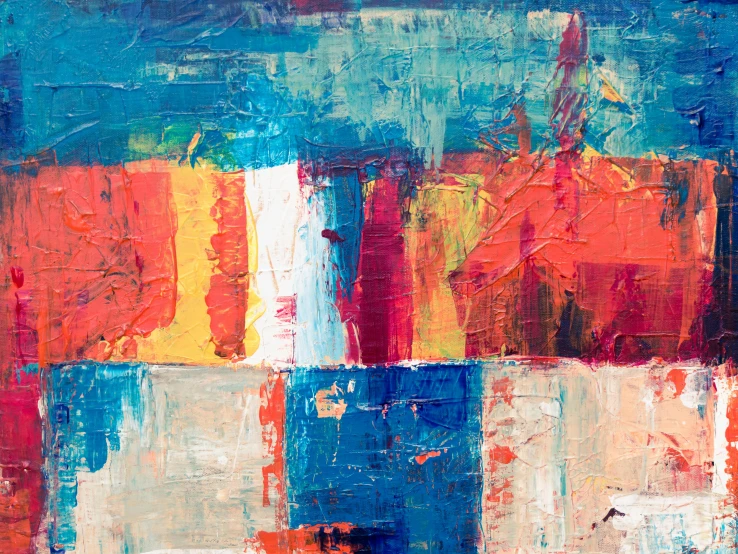 a painting with many different colors on it, pexels contest winner, abstract expressionism, prussian blue and venetian red, patchwork, oil on canvas 4k, red orange blue beige