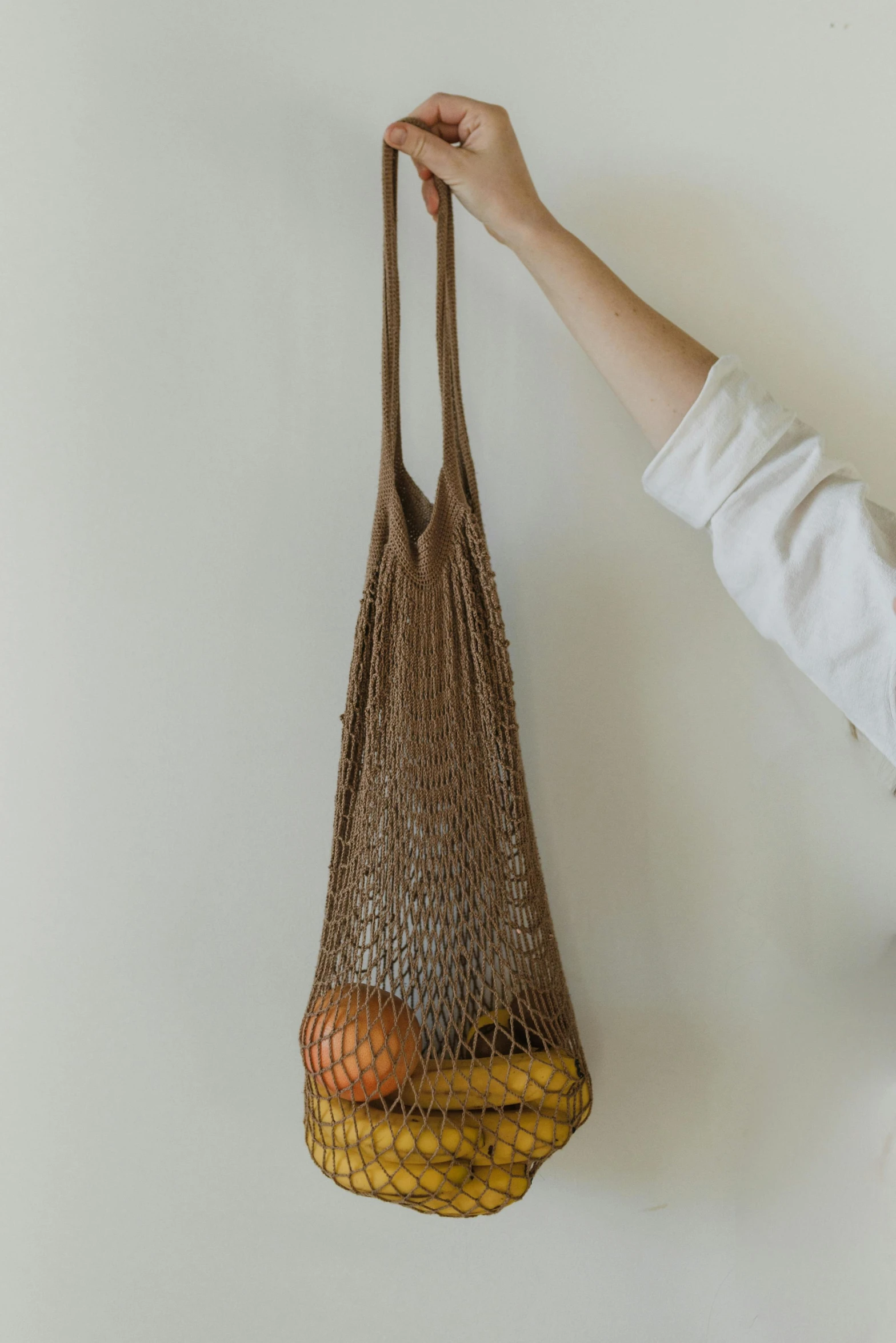 a close up of a person holding a bag of fruit, net art, dark brown, recycled, magali, long