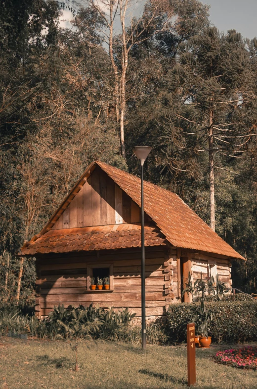 a small log cabin sitting in the middle of a forest, pexels contest winner, renaissance, tiled roofs, profile image, 1970s photo, college