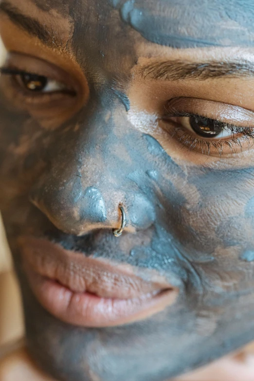 a close up of a person with a face mask, lush, ultra detailed content : face, grey, blue skin