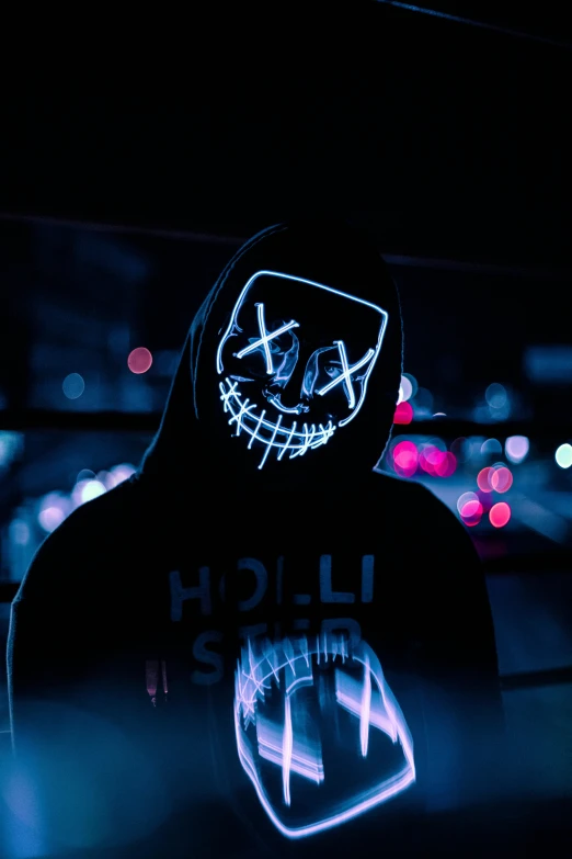 a person in a hoodie with a neon mask on, unsplash contest winner, holography, evil smile, hat and hoodie, white neon lights, wearing a black hoodie