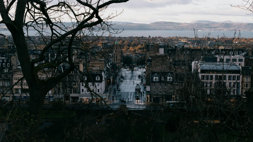 a view of a city from the top of a hill, by Andrew Allan, pexels contest winner, art nouveau, caledonian forest, 2 0 0 0's photo, flat lay, late evening