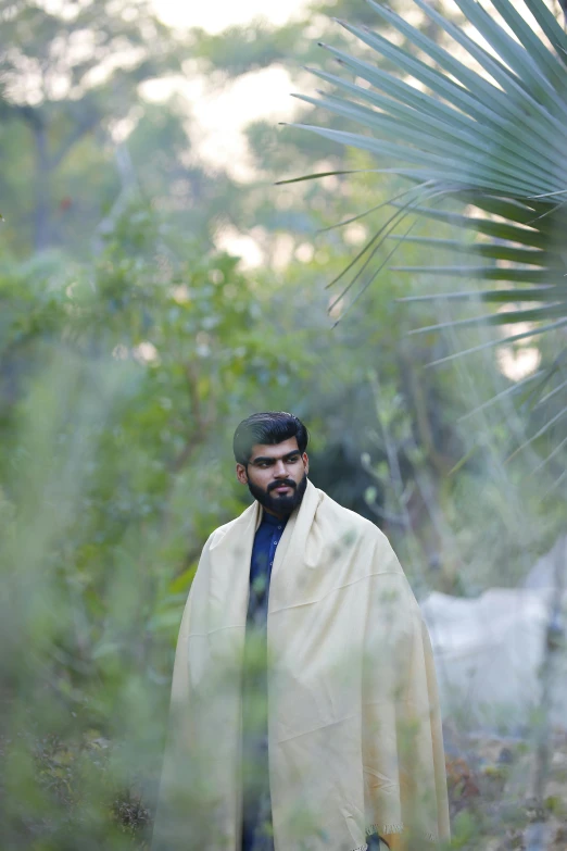 a man standing in the middle of a forest, hurufiyya, covered with blanket, a portrait of rahul kohli, standing in a botanical garden, green robes