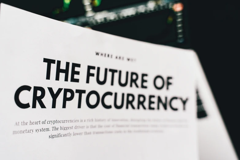 a close up of a book titled the future of crypt currency, by Julia Pishtar, trending on unsplash, panel, australia, tron, white paper