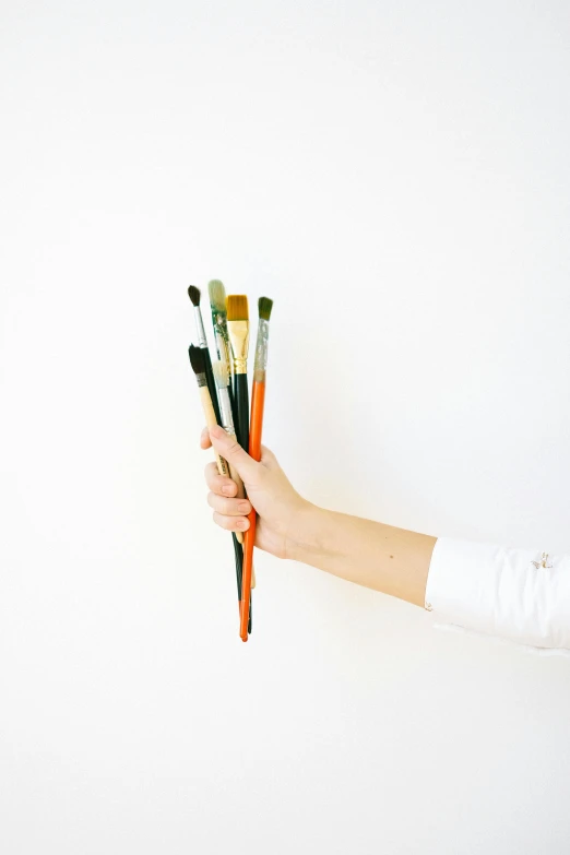 a person holding a bunch of paint brushes, a minimalist painting, trending on unsplash, istockphoto, multiple stories, with a white background, on canvas