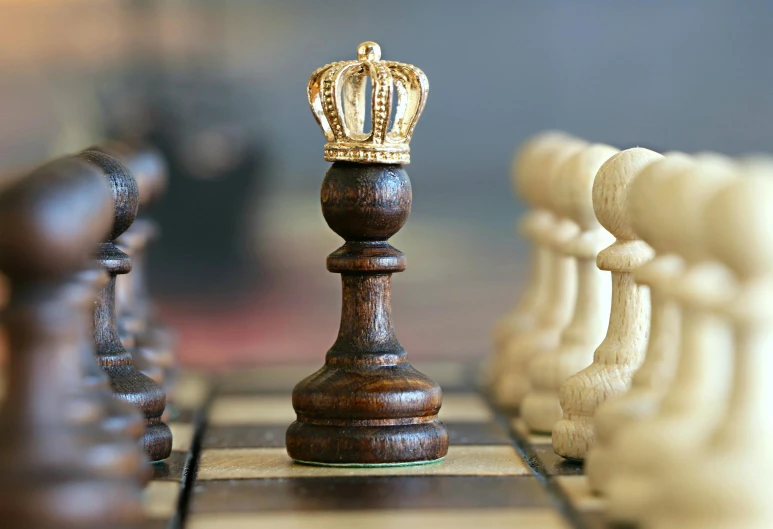 a group of chess pieces sitting on top of a chess board, pexels contest winner, renaissance, wearing crown, thumbnail, on wood, zoomed in