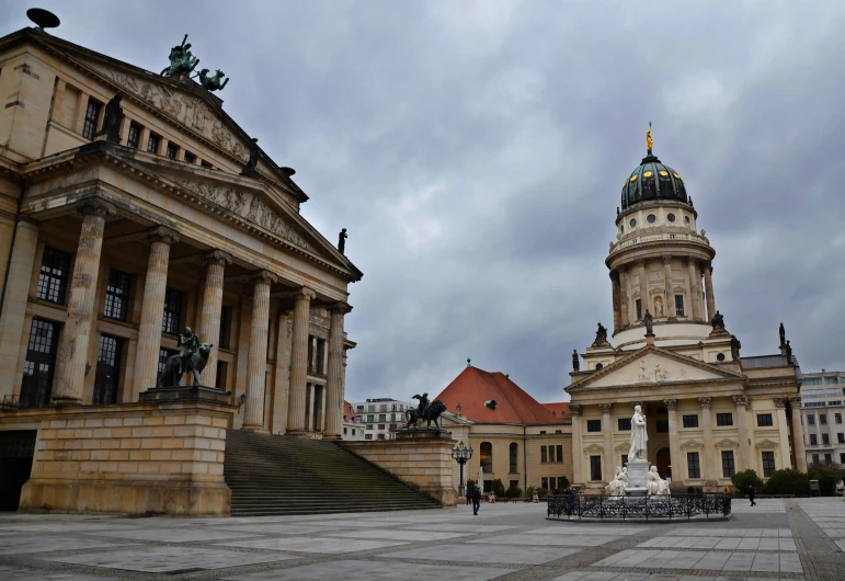 a large building with a fountain in front of it, pexels contest winner, berlin secession, cathedrals and abbeys, slight overcast weather, dome of wonders, marble columns in background