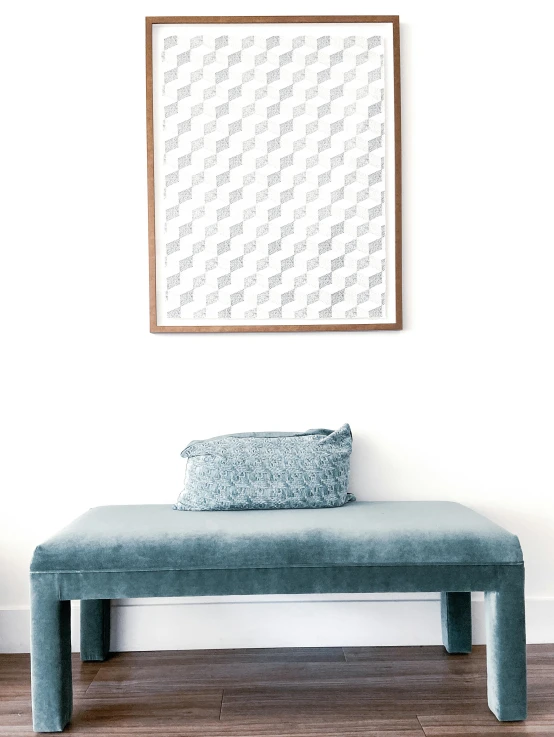 a blue bench sitting in front of a white wall, poster art, inspired by Frederick Hammersley, geometric abstract art, 2 5 6 x 2 5 6 pixels, repeat pattern, drawn on white parchment paper, dwell