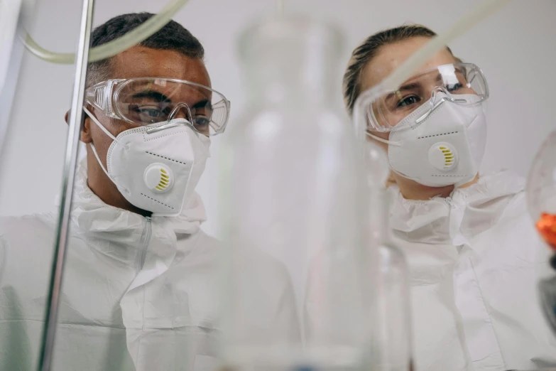 two people wearing protective gear in a laboratory, a portrait, pexels contest winner, renaissance, avatar image, profile picture, close up portrait shot, tourist photo