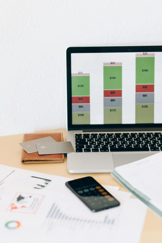 a laptop computer sitting on top of a wooden desk, analytical art, thumbnail, cost, green charts, square